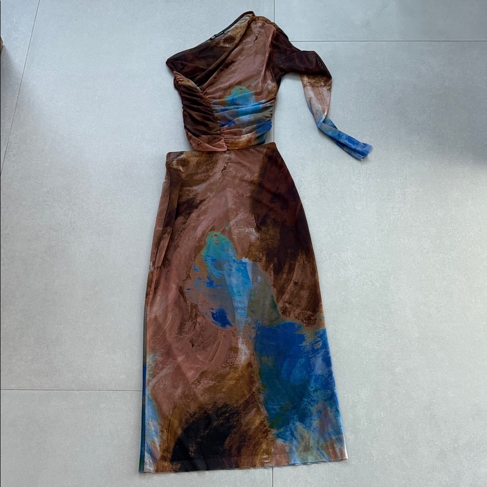 Zara One-Shoulder Dress in Brown and Blue Hues